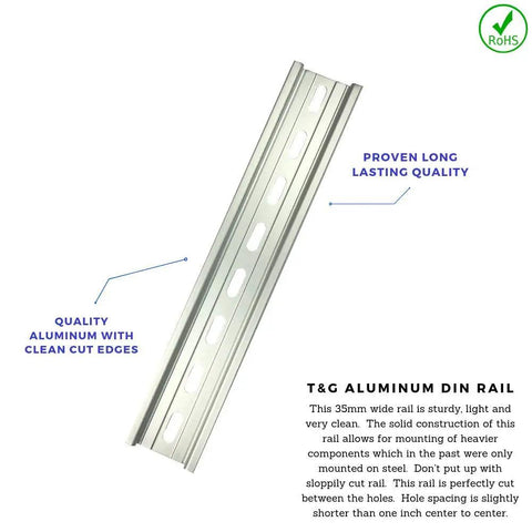 Ten Piece DIN Rail Slotted Aluminum Channel Set RoHS Compliant For Industrial Electrical Panels 8 Inch Long 35mm Wide 7.5mm High Built Tough Mounting Rails For Easy Go To Panel Installations