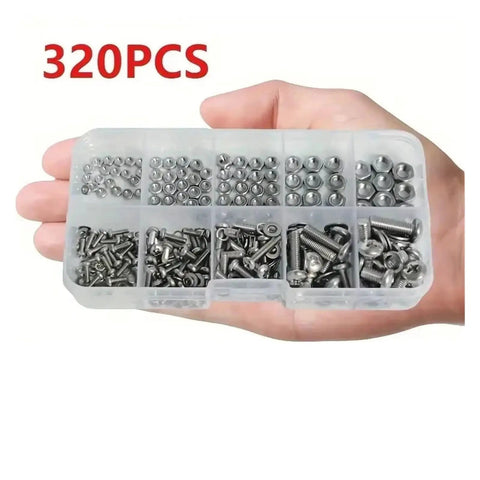 Hand holding All In One Hex Nuts And Bolts Set With 120 Or 320 Pieces, Grab And Go Universal Hardware Kit for DIY Projects