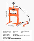 10 Ton H-Frame Hydraulic Shop Press With Plate And Base, orange, 40.2in height, used for bending and straightening metal parts.