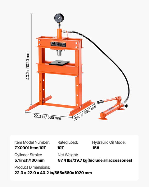10 Ton H-Frame Hydraulic Shop Press With Plate And Base, orange, 40.2in height, used for bending and straightening metal parts.