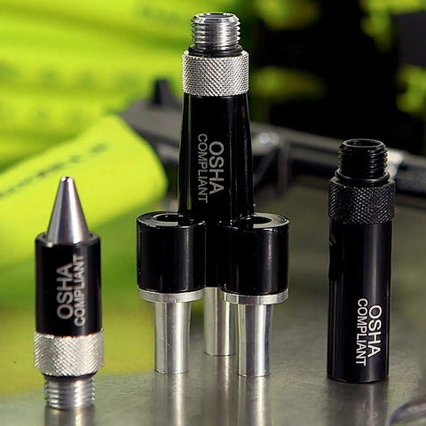 Close-up of OSHA-compliant nozzles from Ergonomic 6 Piece Blow Gun Kit With Variable Flow Trigger For Precise Air Control In Green Finish