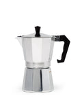 Stovetop Moka Pot Espresso Maker For Home Brew 6 Cup Greca Style Coffee Pot For Italian And Cuban Cafe Perfect For Lattes Cappuccinos Americanos Quick Rich Brews In Silver visible from side view, showing handle and flip lid.