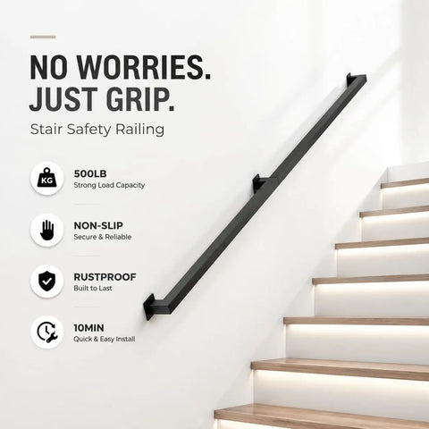 Five Hundred Pound Legit Heavy Duty Stair Handrail Wall Mounted Rock Solid Reinforced Steel Zero Play Banister Safe Grip For Seniors And Kids Built Tough Home Upgrade on staircase with wall mount.