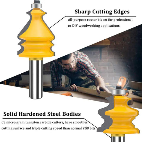 Close-up of Half Inch Shank Router Bits Set Five Piece Pro Grade For Architectural Picture Frame Molding Cabinet Wood Milling