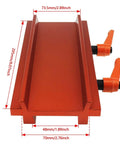 Go-To Wide to Narrow Dovetail Adapter Plate for Telescope Mounts, orange aluminum with measurements visible