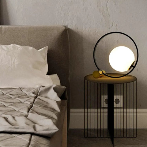 Mid Century Modern Glass Globe Desk Lamp With Gold Ring, Plug In Nightstand Reading Light For Bedroom And Office, Frosted Globe Shade