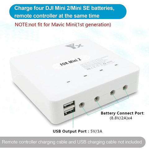 6 In 1 Battery Charger For DJI Mini 4K Mini 2 Mini SE Mini 2 SE Drones Rapid Parallel Charging Hub Powers Four Batteries And Remote Control Station For Quick Power Up Not For Mavic Mini Gen 1, shown with ports and labels, white color charger.