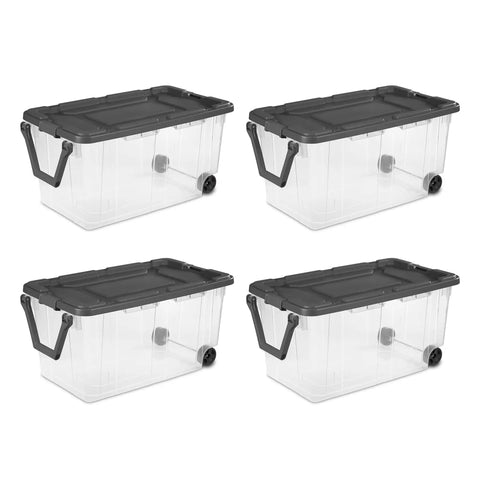 4 Pack Modular Stacker Box Set Of Durable Clear Plastic Storage Bins With Latching Lids 160 Quart Capacity Stackable Organizer Bins.