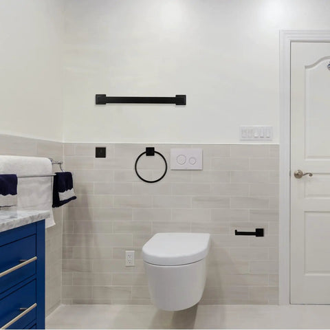 Matte Black 9 Piece Bathroom Hardware Set Must Have Includes 22 Inch And 16 Inch Towel Bars Toilet Paper Holder Towel Rack Towel Ring 5 Hooks Stainless Steel Wall Mounted Bath Accessories displayed in a modern bathroom.