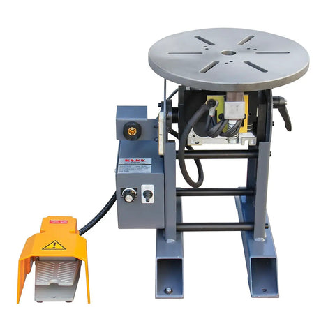 Built Like A Tank Welding Positioner Offering 771 Pound Horizontal Capacity And No Hassle 110V Single Phase Rotation in gray with foot pedal.
