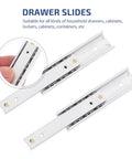Full Extension Drawer Slides 2 Pack With Detachable Quick Release Latches For Tool Free Assembly Fully Extendable Drawers To Access Every Item And Maximize Storage In Kitchen Closet Or Furniture Measures 15.5 By 1.6 Cm shown horizontally with close-up of latch detail.