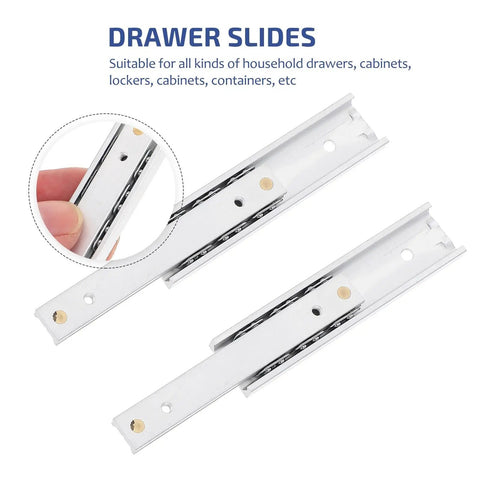 Full Extension Drawer Slides 2 Pack With Detachable Quick Release Latches For Tool Free Assembly Fully Extendable Drawers To Access Every Item And Maximize Storage In Kitchen Closet Or Furniture Measures 15.5 By 1.6 Cm shown horizontally with close-up of latch detail.