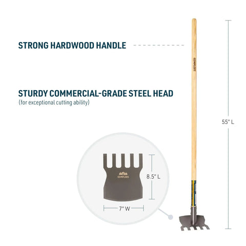 Heavy Duty Steel Rake Hoe With Wood Handle And Five Wide Tines For Quick Cultivation, Gardening, Fire Prevention, Trail Building, 55 Inch Reach
