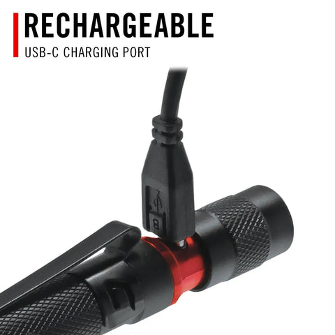 Rechargeable 500 Lumen LED Penlight with Twist Focus for Everyday Carry charging via USB-C port, close-up in green.