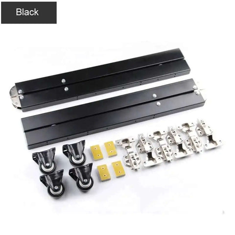 Hidden Desktop Folding Connector Accessories Set With Hydraulic Rod Hinges for Fold Up Tables in Black, includes hinges and wheels