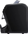 Side view of the Top Tier Money Counter Machine For Mixed Denomination Bills, black casing and transparent top.