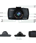 Front and side views of 2.4 Inch 1080P Dash Cam For Cars With Super Night Vision And 24 Hour Recording, labeled features.