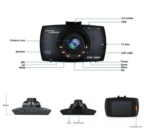 Front and side views of 2.4 Inch 1080P Dash Cam For Cars With Super Night Vision And 24 Hour Recording, labeled features.