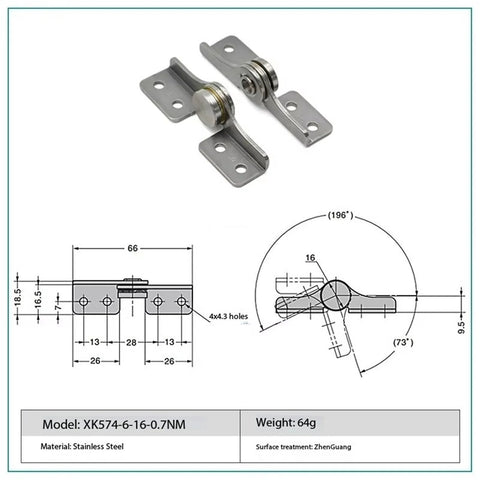 Front view of XK574-6-16-0.7Nm stainless steel constant-torque door hinge with mounting plates