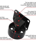 3-inch all-black metal swivel plate caster with mounting plate and riveted axle.