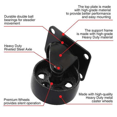 3-inch all-black metal swivel plate caster with mounting plate and riveted axle.