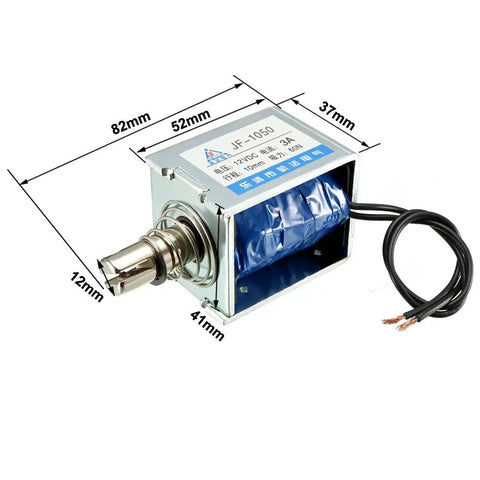 DC 12V 60N 10mm Stroke Pull Type Open Frame Solenoid Electromagnet For Precise Linear Motion With Plunger Spring Return Low Heat Rise JF 1050 Industrial Grade Build For Durable Automation Projects With High Repeatability And Long Life., open frame solenoid with spring plunger, 82mm length and 12mm stroke