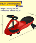 Product dimensions of Toddler Wiggle Car Ride On Toy Zero Battery Hassle with measurements 30" x 13.5" x 16" for kids.
