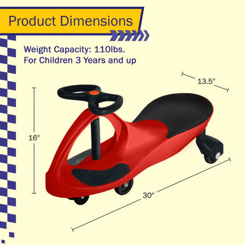 Product dimensions of Toddler Wiggle Car Ride On Toy Zero Battery Hassle with measurements 30" x 13.5" x 16" for kids.