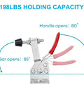 Straight Up Heavy Duty Horizontal Toggle Clamps With Stainless Steel Construction And 198 Pounds Holding Power delivering smooth quick release action with red rubber tips.