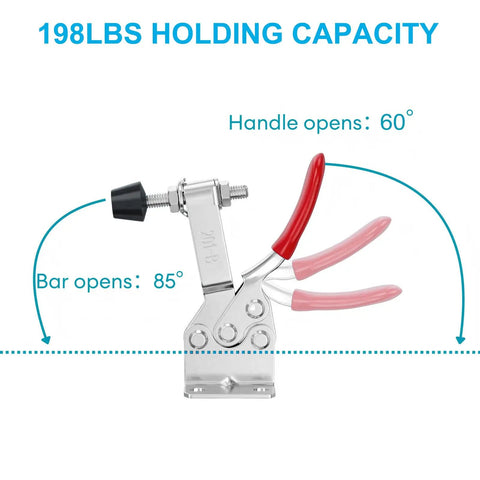 Straight Up Heavy Duty Horizontal Toggle Clamps With Stainless Steel Construction And 198 Pounds Holding Power delivering smooth quick release action with red rubber tips.