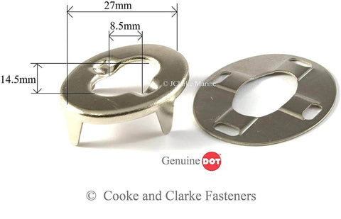 Turn Button Eyelet And Stud Set With One Half Inch Mounting Screws Ten Piece Set In Marine Grade Nickel Plated Brass shown front and top view.