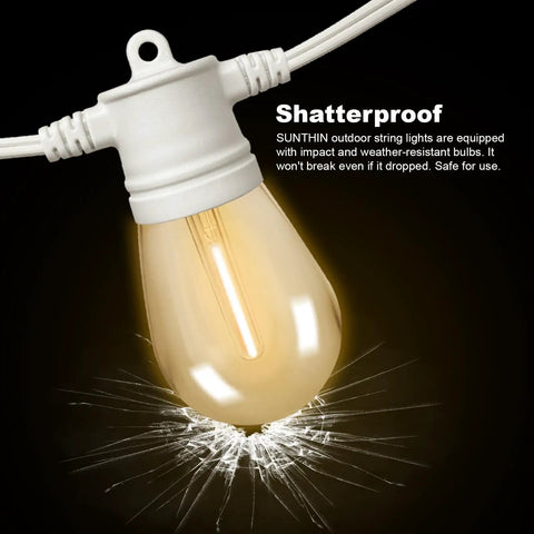 White Outdoor String Lights 48Ft with 16 Shatterproof 1W LED Bulbs for Patio Garden Backyard Porch Deck Cafe Wedding Party
