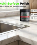 No Sweat All In One Surface Restoration Polish With Soft Applicator Pad For Scuffed Wood Floors And Dull Cabinet Doors Scrubs Away Stickiness And Grime And Leaves It Looking Brand Spanking New Today on stone countertop with sink.
