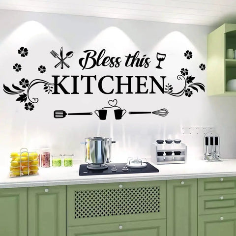 Bless This Kitchen Wall Decor Sticker With Flower Art Removable DIY Vinyl Decal for Dining Room Kitchen Bar Restaurant