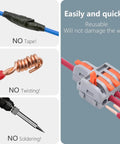 Diagram showing 10 Pack Lever Wire Connectors for Quick DIY Wiring, 1 Inch 4 Output Terminal Block, no tape, twist, or solder needed.