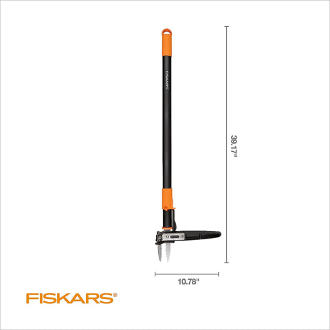 Stand Up 3 Claw Weed Puller with 39 Inch Ergonomic Handle and Easy Eject Mechanism, shown with dimensions