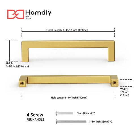40 Pack 6 And A Quarter Inch Brushed Brass Cabinet Handles For Kitchen Cabinets And Bathroom Vanities, Stainless Steel Modern Gold Pulls, dimensions diagram