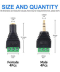 8 Piece 3.5mm Stereo Audio Jack To Av Terminal Adapter Kit Built Like A Tank With Gold Plated Copper Contacts, female and male connectors with dimensions.