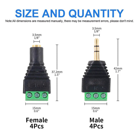 8 Piece 3.5mm Stereo Audio Jack To Av Terminal Adapter Kit Built Like A Tank With Gold Plated Copper Contacts, female and male connectors with dimensions.