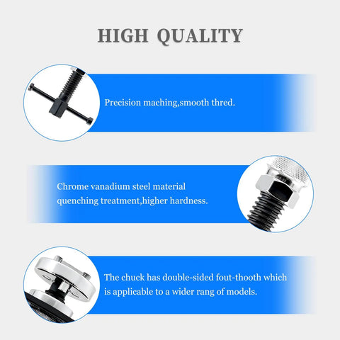 Close-up views of Heavy Duty Brake Caliper Tool For Cars And Trucks Piston Rewind Kit, highlighting precision threads and steel material.