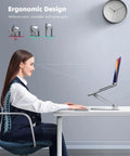 Woman using Go To Adjustable Aluminum Laptop Stand For Desk, Portable Riser And Foldable Ergonomic Notebook Holder, Fits 10 To 17.3 Inch Laptops