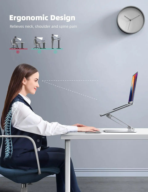 Woman using Go To Adjustable Aluminum Laptop Stand For Desk, Portable Riser And Foldable Ergonomic Notebook Holder, Fits 10 To 17.3 Inch Laptops