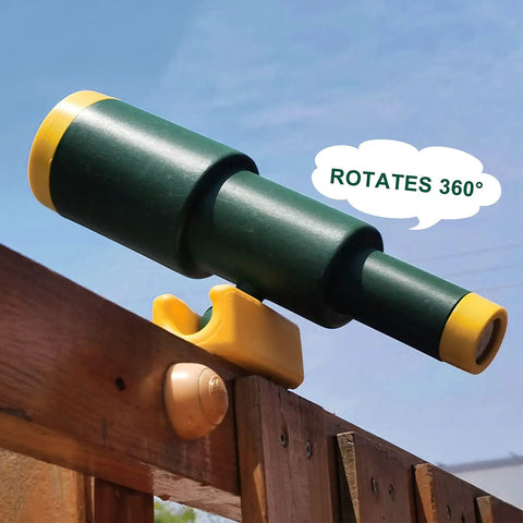 Kids Outdoor Playground Accessories Swingset Attachments With Pirate Ship Wheel Toy Telescope Telephone And Safety Handles In Yellow And Green Built To Last Durable Playset Add Ons showing green telescope mounted on wooden rail.