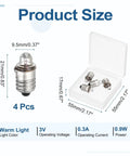 Genuine Top Shelf Slick Four Pack E10 Miniature Screw Base Light Bulbs 3 Volt 0.3 Amp Warm Yellow Glow Lamps For Electronics Tinker Project Gear in storage box.