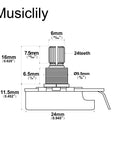 Diagram of Pro Grade Brass 250K Linear Taper Potentiometers, 24-spline, inch sized, full brass construction for guitars and basses.