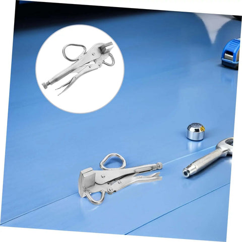 Heavy Duty Adjustable Locking Steel Plate Clamp Pliers For Auto Body Repair And Welding on blue metal surface with tools