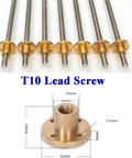 Heavy Duty T10 Trapezoidal Lead Screw Set With Real Brass Nut For 3D Printers CNC Routers And Stepper Motors Built Different Hella Smooth Linear Motion 304 Stainless Steel 800mm Long, showing multiple lead screws and brass nuts.
