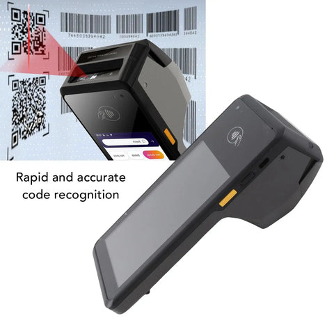 Android 11 5.0 Inch Touch Screen Handheld Barcode Scanner with 4G LTE 5G WiFi NFC showing rapid code recognition