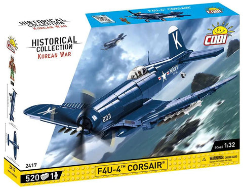 Box cover of Korean War F4U-4 Corsair Aircraft Building Kit With 520 Pieces, 1:32 Scale, Includes Pilot Figure.