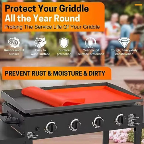 Rock Solid Thick Silicone Griddle Mat For Blackstone 36 Inch Cooktop on grill surface preventing rust and moisture.